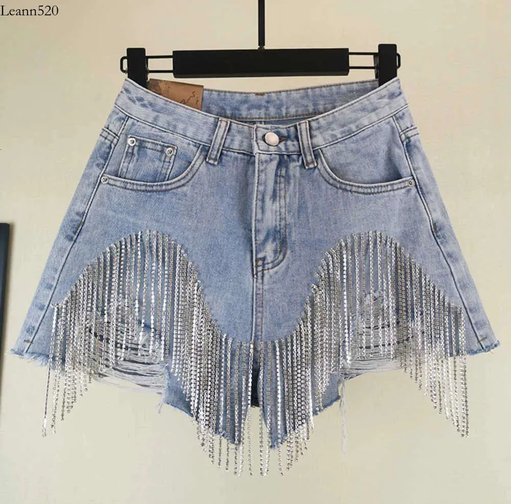 Women's Heavy Rhinestone Fringed Hole Jeans Female High Waist Summer Fashion Wide Leg Denim Shorts