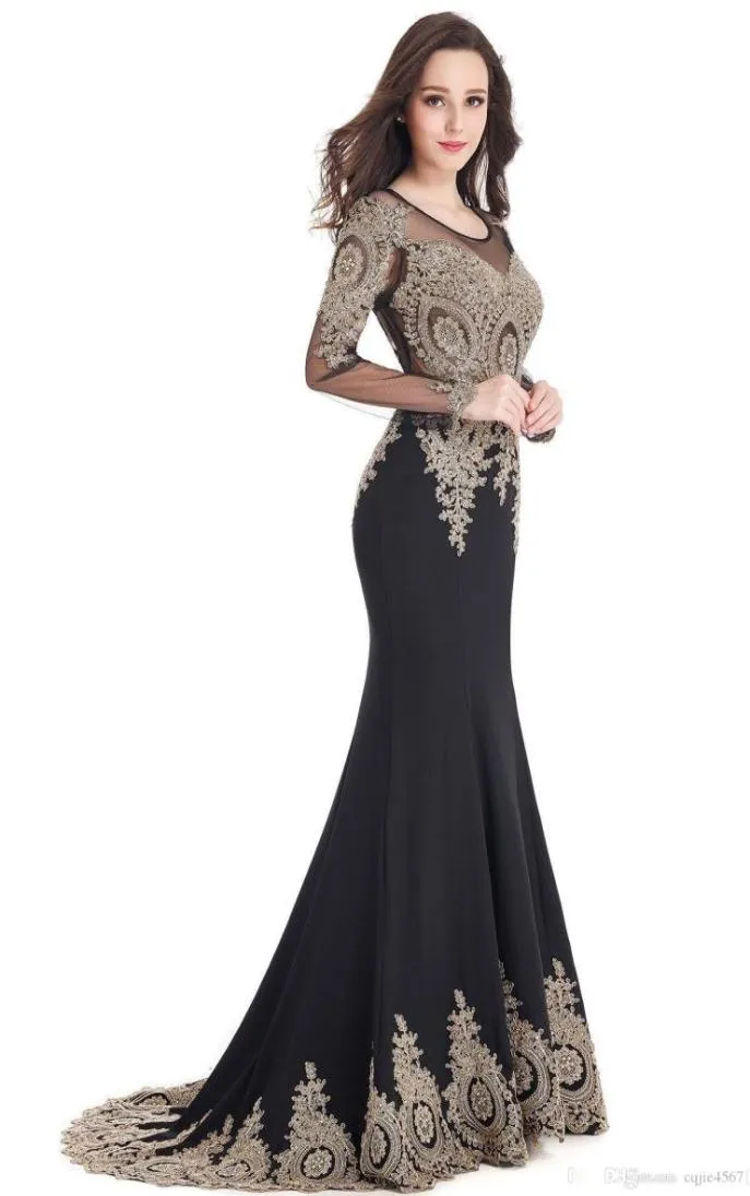 2019 New Sheer Illusion Long Sleeves Luxury Black Gold Mermaid Dresses Beading Crystal Lace Embroidry Evening Gowns Prom V3283754