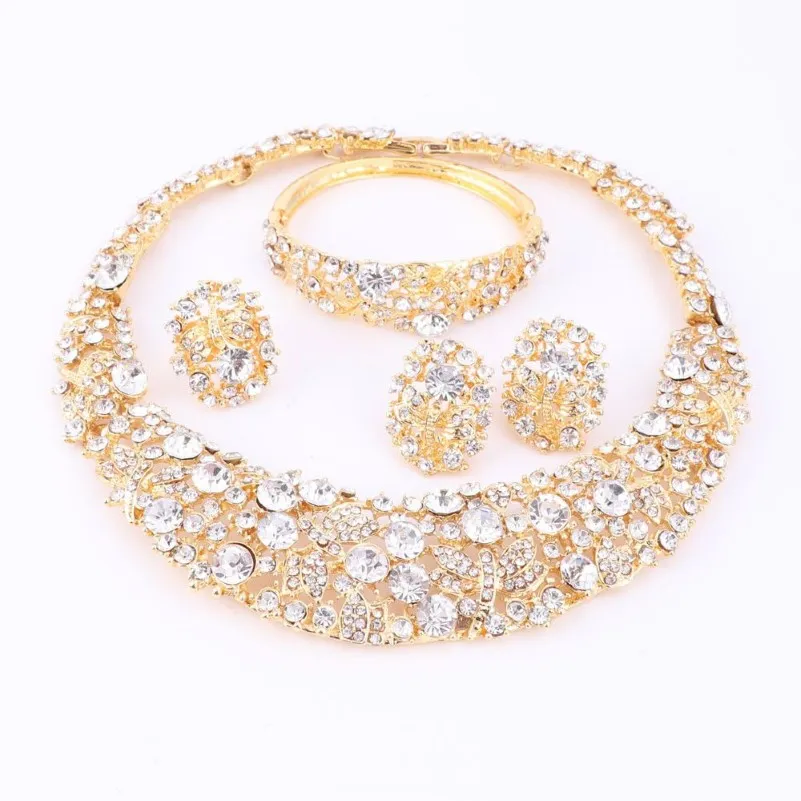 Women Gold Plated Boho Crystal Jewelry Set With Necklace Earrings Bracelet Ring Direct Selling Statement For Party Wedding Jewellr2282