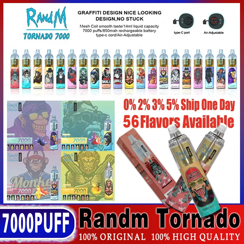 Fumot RandM Tornado 7000 Puffs 7K Originale Fumot Monouso Vapes Pen Vaper Puff 7000 Sigarette elettroniche 14ml Pod Mesh Coil 6 RGB Ricaricabile regolabile in aria 2% 3% 5%