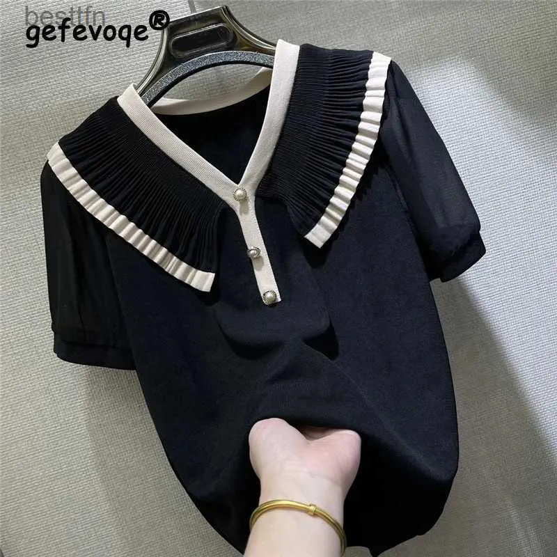 女性用Tシャツの女性ビーズシックフリルパッチワーク半分ニットTシャツ夏の韓国ファッションvネックルーズプルオーバートップエレガントロパ240311