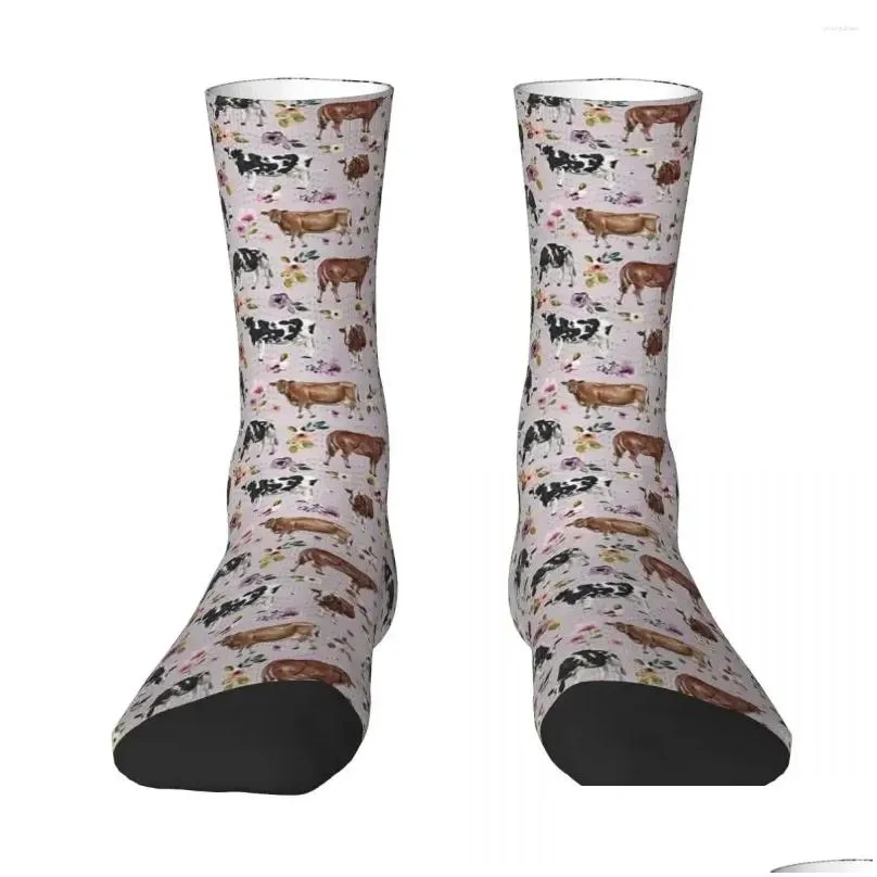 Mens Socks Cows and Flowers Lavender Watercolor Floral Western Sweat Absorbering Strumpor hela säsongen för mans kvinnliga gåvor Drop Deliver Otpti