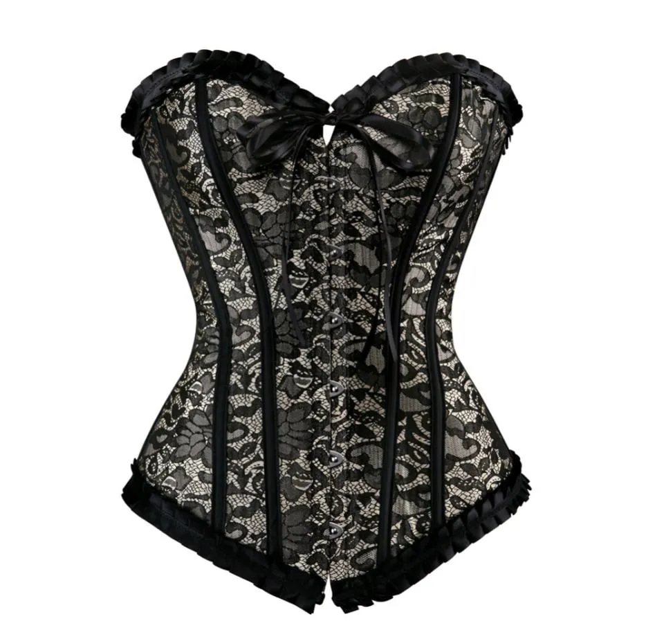 Sexy raso floreale gotico con lacci disossato overbust corsetto bustier vita trainer plus size S6XL con perizoma9329171