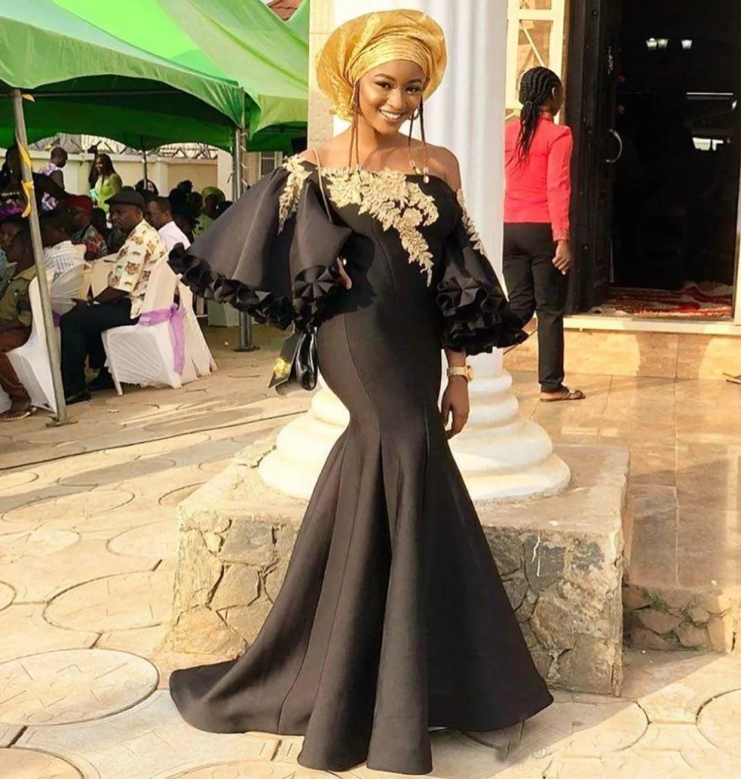Ankara Aso Ebi 2019 Black Evening Dresses Mermaid spetspärlade balklänningar Satin billig formell party pageant klänningar8864806