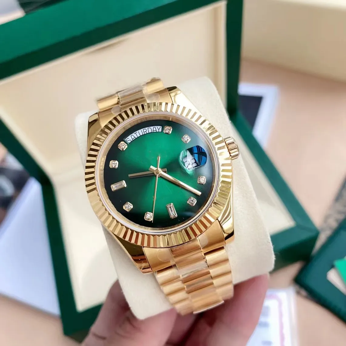 Oryginalne pola certyfikat 18K złoty prezydent męski zegarki dzień data diamentów Zielona tarcza 41 mm zegarek Mężczyźni nierdzewne ramki Automatyczne zegarek 01