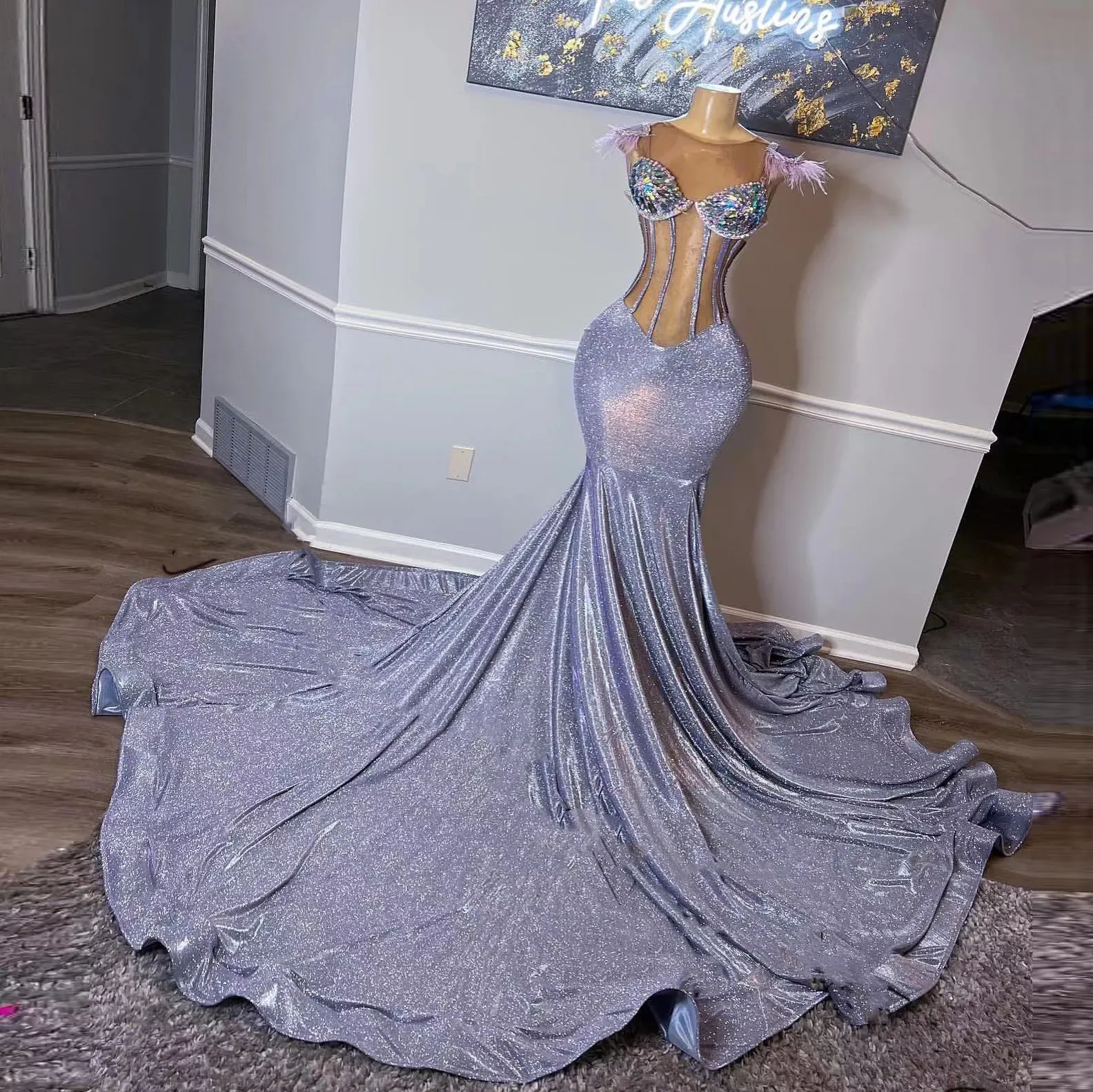 Sparkling Backless Mermaid Sparkly Mermaid Prom Dress with Sequined Beading and Crystal Feather Embellishments - Perfect for Formal Evening Parties