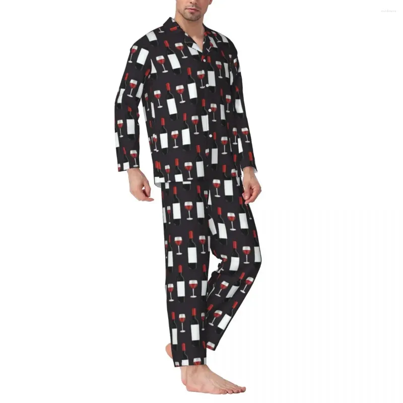 Herren-Nachtwäsche, Weinmuster, Pyjama-Set, roter Aufdruck, romantisch, Unisex, langärmelig, Vintage-Nacht, 2-teilig, Nachtwäsche, große Größe 2XL