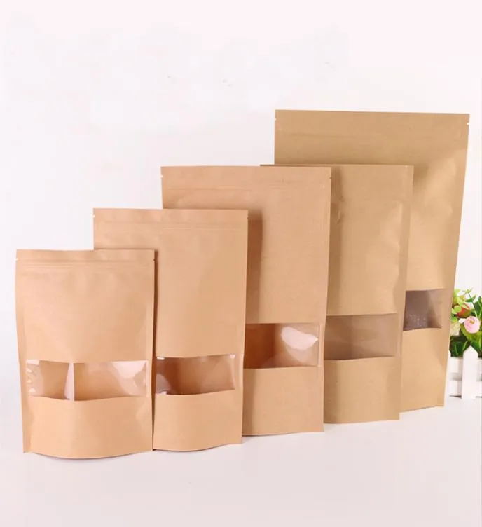 50 pezzi sacchetto di carta Kraft regali avvolgere finestra chiusura a zip vuoto cibo secco frutta tè pacchetto regalo cerniera autosigillante sacchetti stand up HH93649034