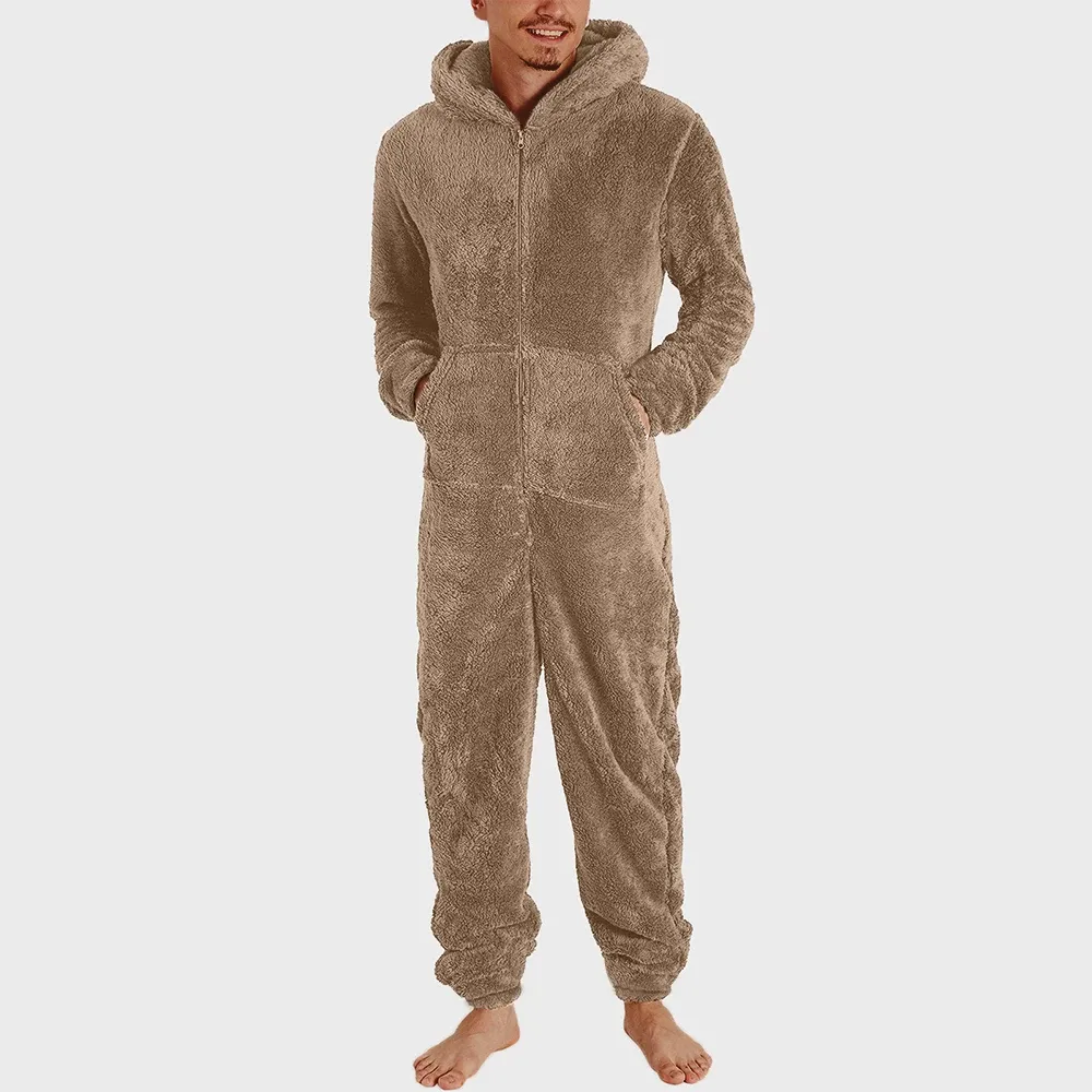 Masculino novo quente com capuz pijamas inverno adulto casual macacões casal zíper quente velo fino pijamas de uma peça sleep lounge