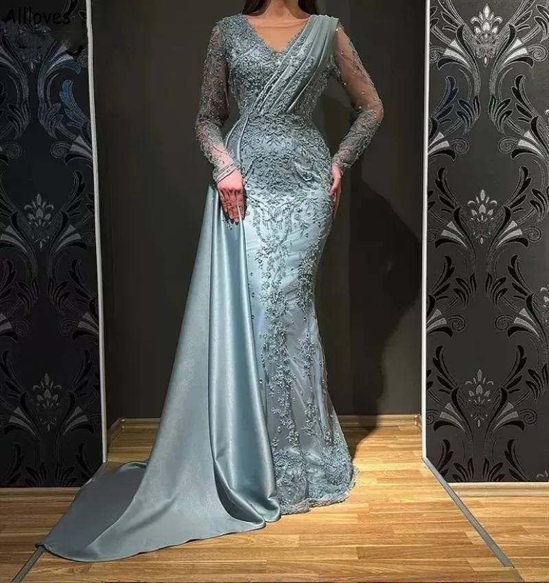 Arapça Dubai Türk Uzun Kollu Kadın Gece Elbiseleri Denizkızı V Boyun Boyun Etirler Deri Saten Resmi Festival Parti Gowns Nakış Dantel Boncuk Boncuklu Vestidos Cl2284