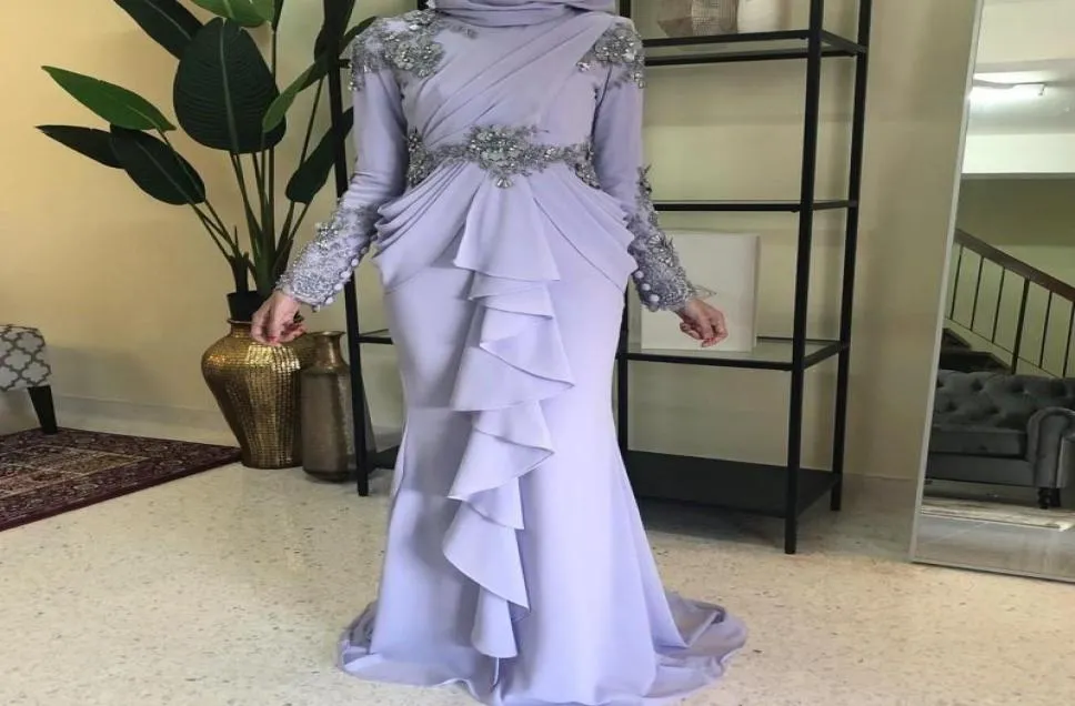 Suknie wieczorowe syreny w dużych rozmiarach Wysokie szyi długie rękawy Warzyki koralikowe koronkowe balowe sukienka Vestaglia Donna Lawenda sukienka muzułmańska9706345