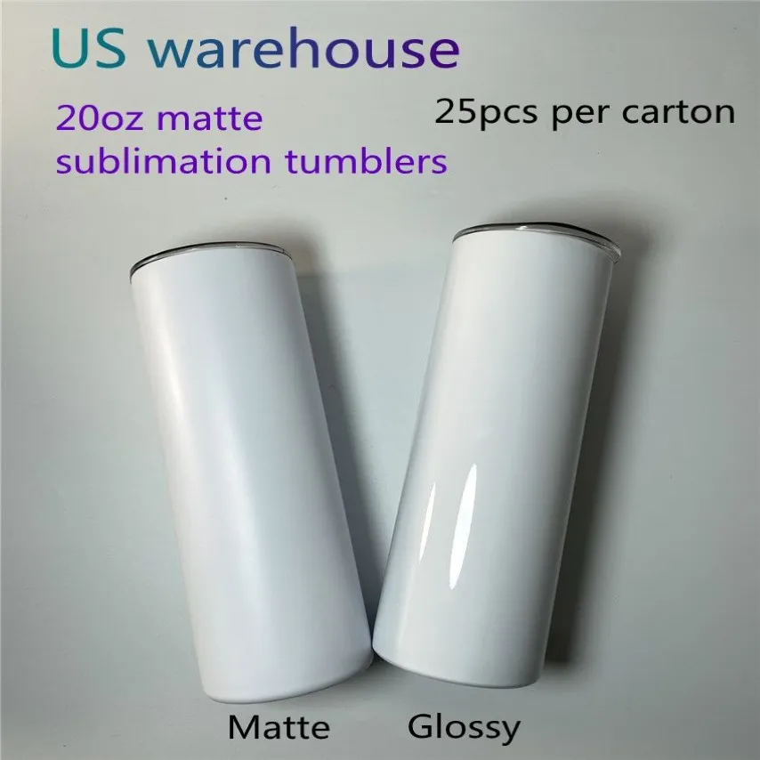 US Warehouse 20Oz Matte Sublimation Straight Tumblersブランクステンレススチールカーカップタンブラートラベルマグ