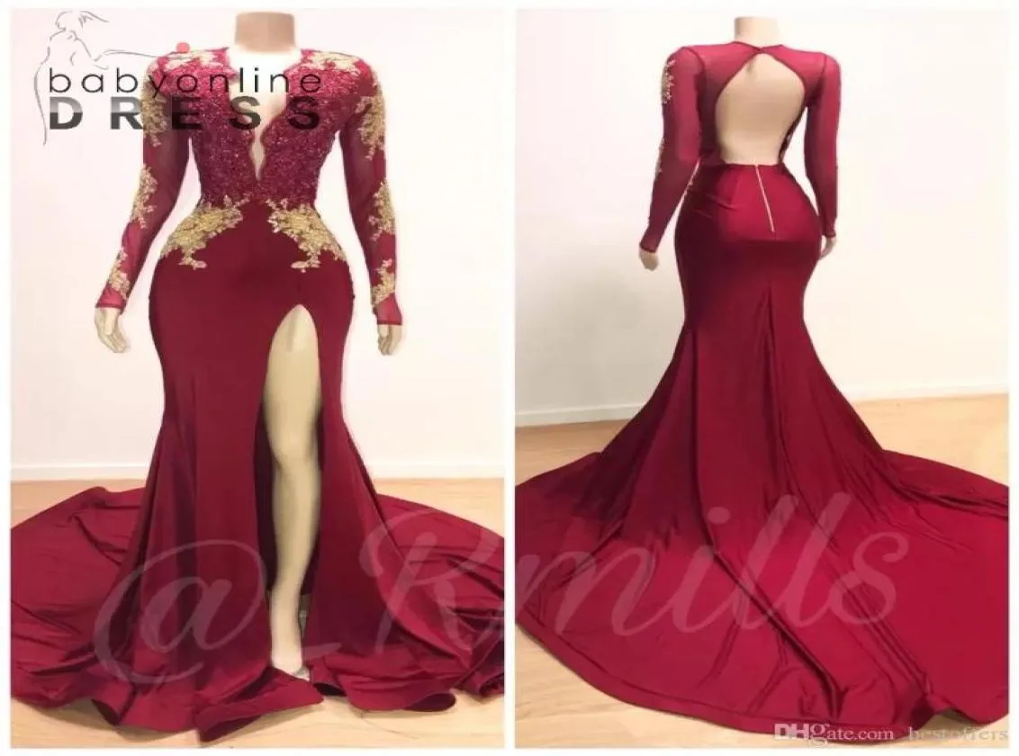 Abiti da ballo a sirena a maniche lunghe rosso bordeaux Plus Size Applicazioni in pizzo dorato Spacco alto Ragazze arabe africane Festa formale da sera 4794445