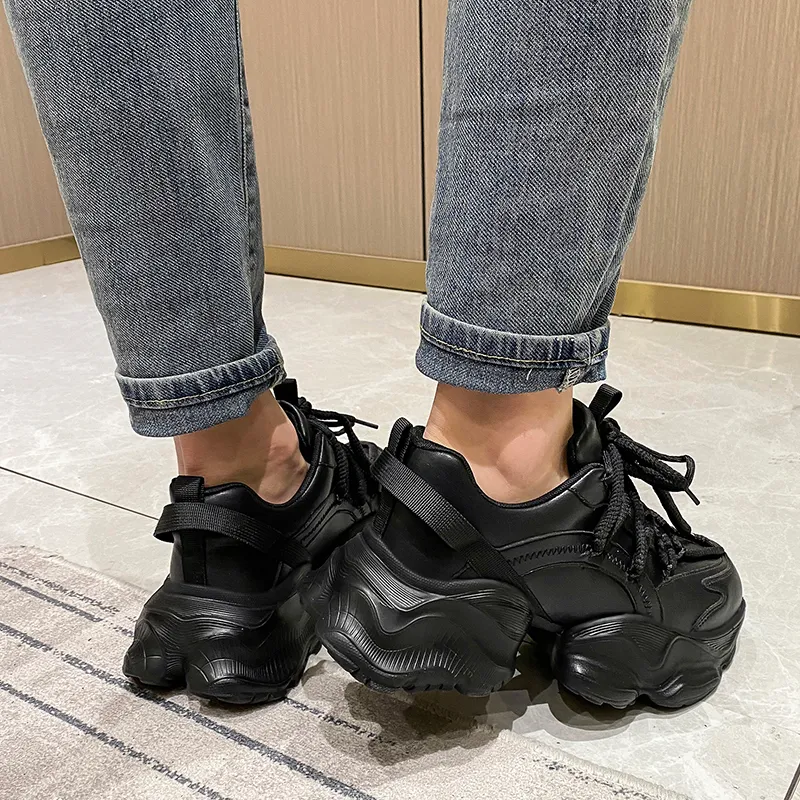 Men Women Chunky Sneakers Casual Shoes Platform Round Toe Thick Sole Lace-Up Ladies Trainers Black White Genuine Leather Synthetic Patchwork Ladies Autumn BB039