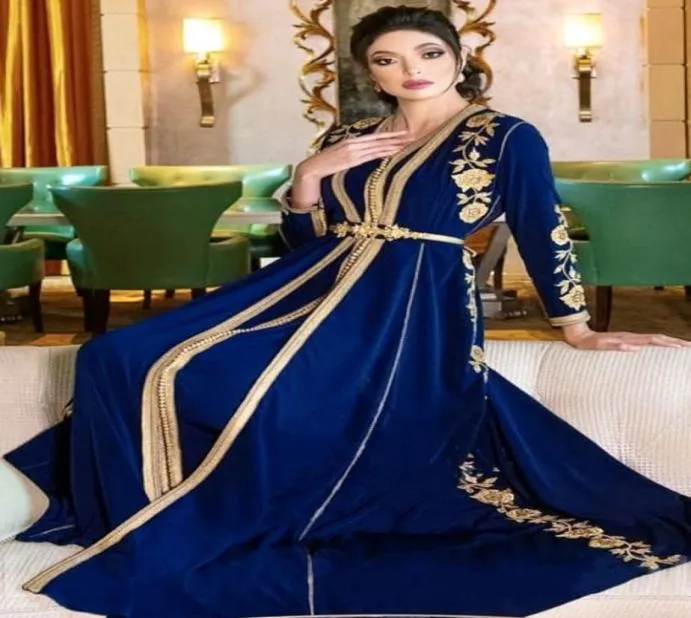 Chic Moroccan Caftan Blue Evening Dresses Long Sleeves Embroidery Lace Floral Appliques Muslim Evening Dress Kaftan Arabic Prom Pa9680902