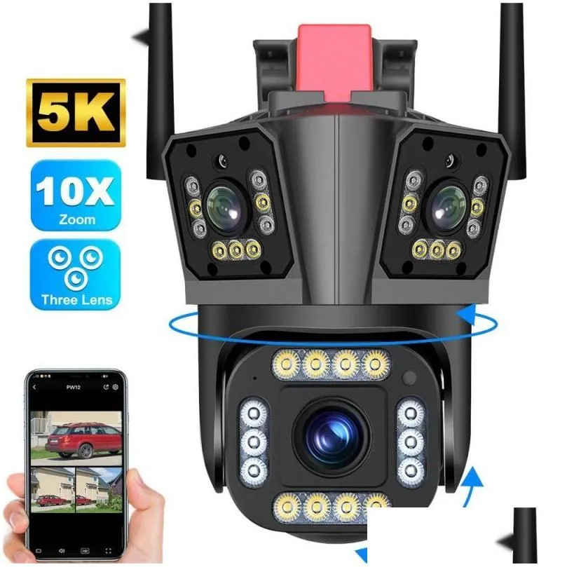 Caméras IP 5K 12Mp Wifi caméra sans fil extérieure 10X Zoom trois lentilles Protection de sécurité Surveillance suivi P2P CCTV Ptz Cam Drop de Otk13