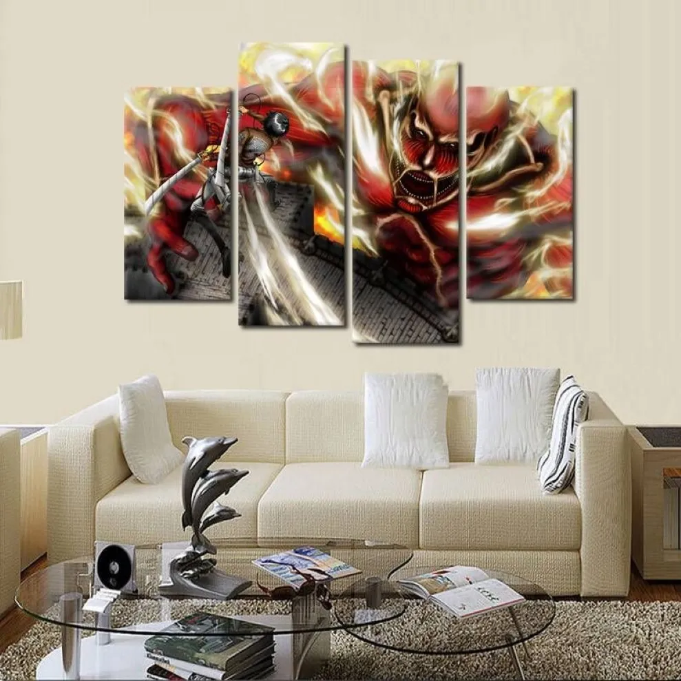 4pcs set Unframed Attack on Titan Fighting Anime Poster Print On Canvas Wall Art Painting Art Picture For Home and Living Room2809