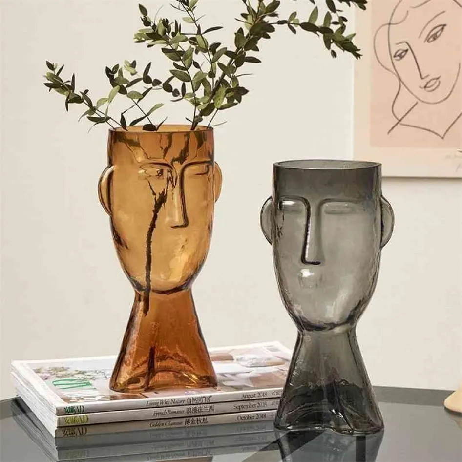 Nordic Glass Human Head Vase kreative künstlerische Gesicht getrocknete Blumen Blumen Pot Container Heimatkulturbehörde Accessoires 210610240p