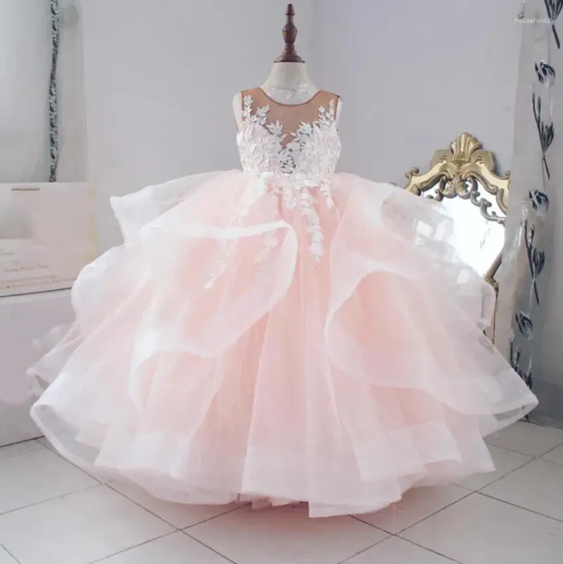 Abiti da ragazza Abito a fiori rosa chiaro Abito da ballo per bambini Organza Applique in pizzo Puntelli per prima comunione