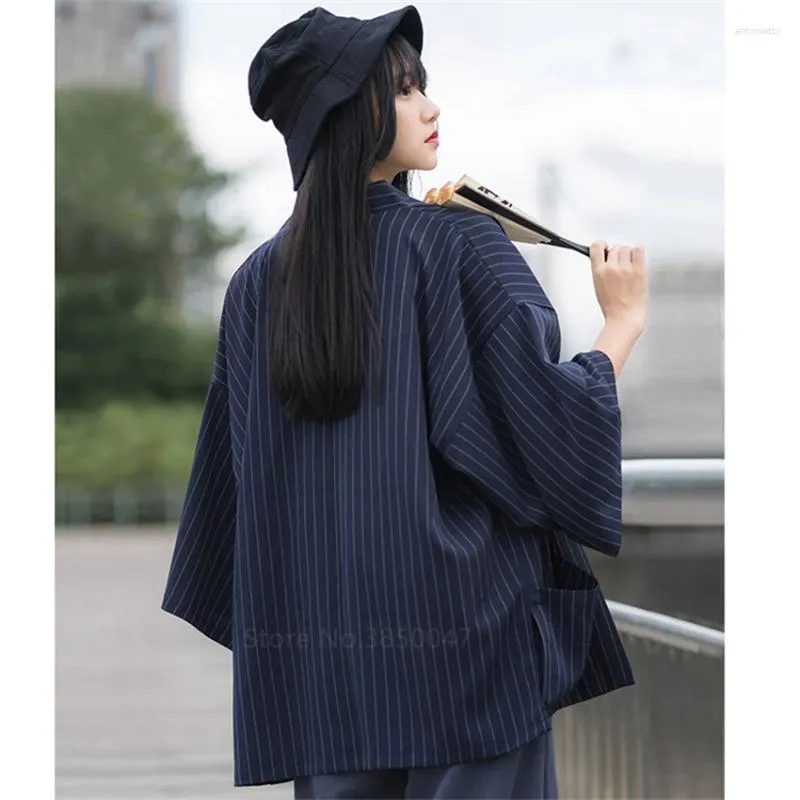 Ethnic Clothing Kimono Women Men Ao Dai Cardigan Traditional Japanese Asian Clothes Couple Striped 3/4 Sleeves Loose Samurai Yukata