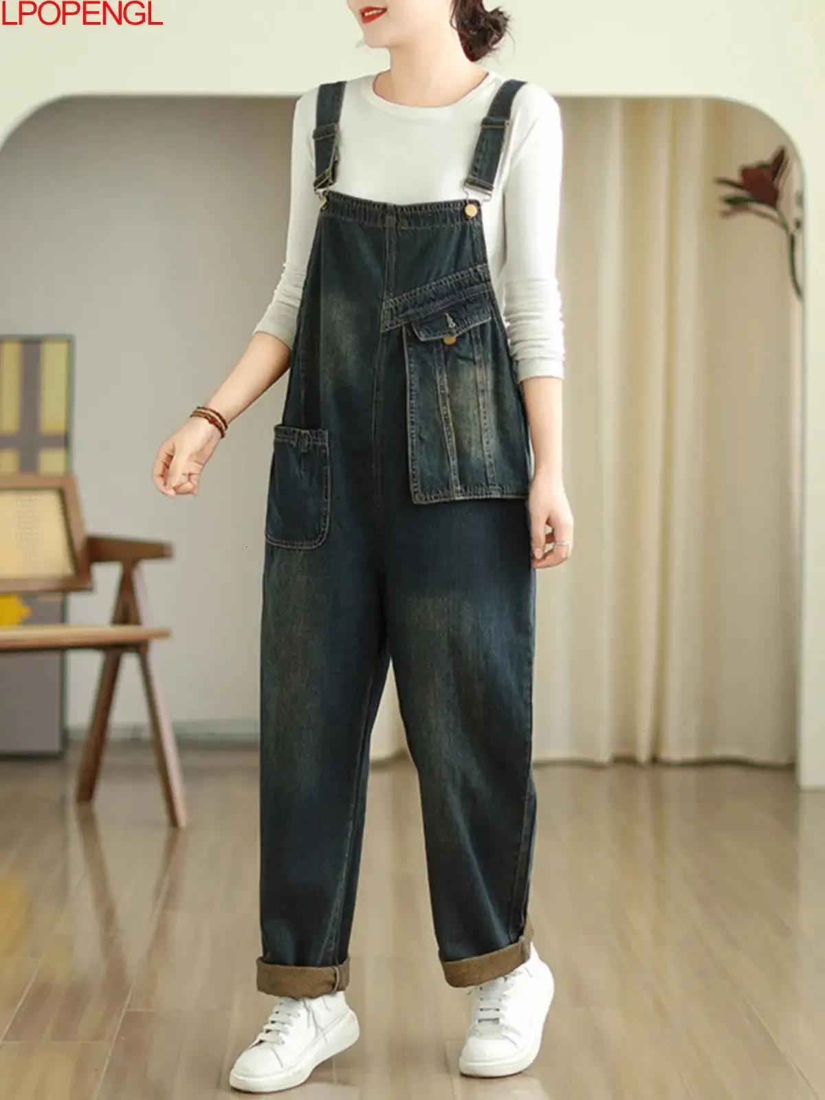 2024 Denim Broek Lente Losse Hoge Taille Streetwear Overalls Rechte Persoonlijkheid Gewassen Zak Jumpsuit 240227