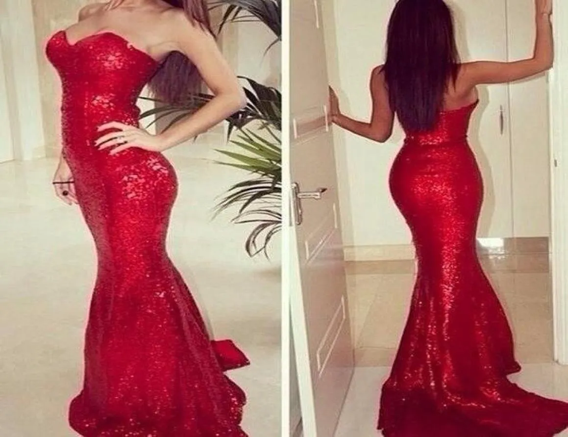Nouveauté Sexy sirène rouge paillettes robe chérie décolleté longues robes de bal sans manches longueur de plancher 4799141