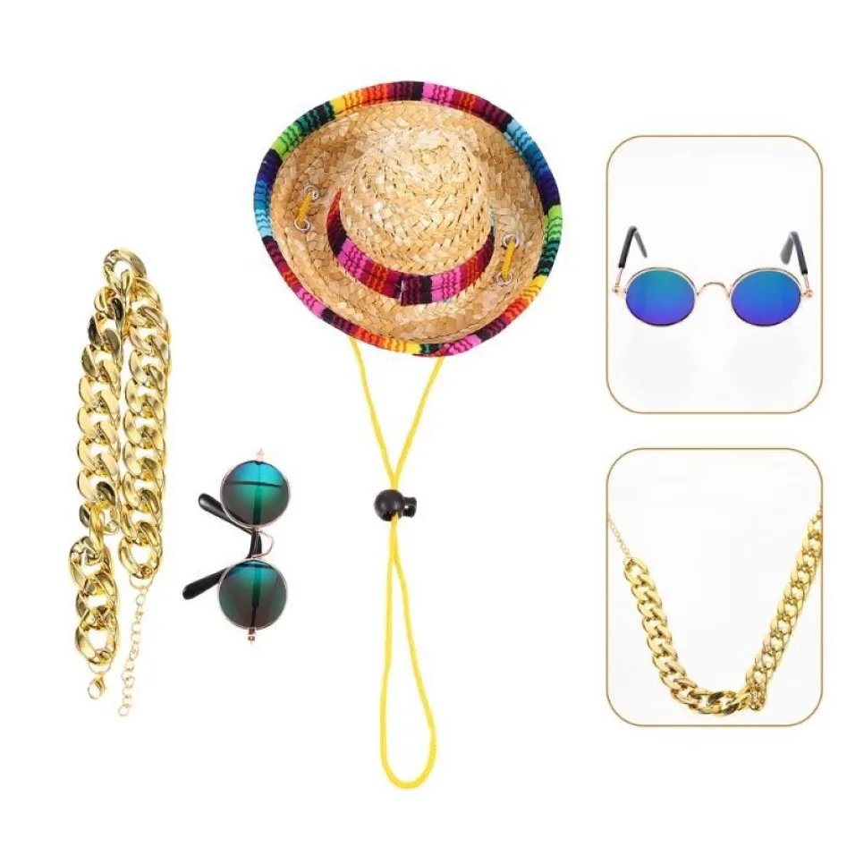 Hundebekleidung, 3 Stück, Mini-Sombrero, mexikanische Hüte, klassische Haustier-Sonnenbrille, verstellbar, Goldkette232b