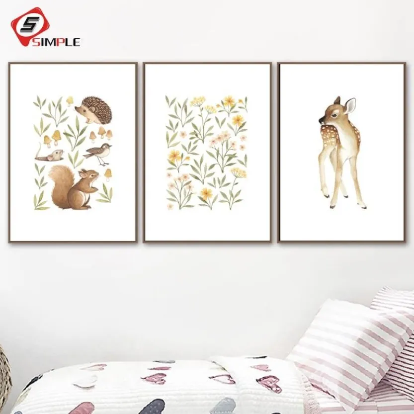 Gemälde Kindergarten Wald Wandkunst Eichhörnchen Hirsch Leinwand Malerei Blumen Poster und Drucke kleine Waldtiere Bilder für Liv255a