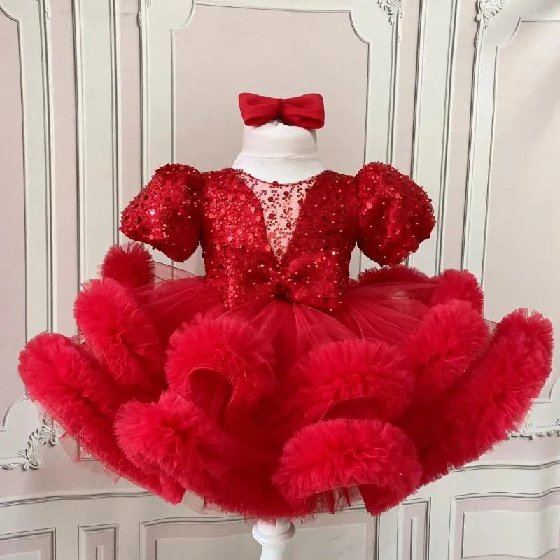 Abiti da ragazza Fiore di tulle per abiti da ballo per feste di compleanno con paillettes rossi glitterati da matrimonio con fiocco