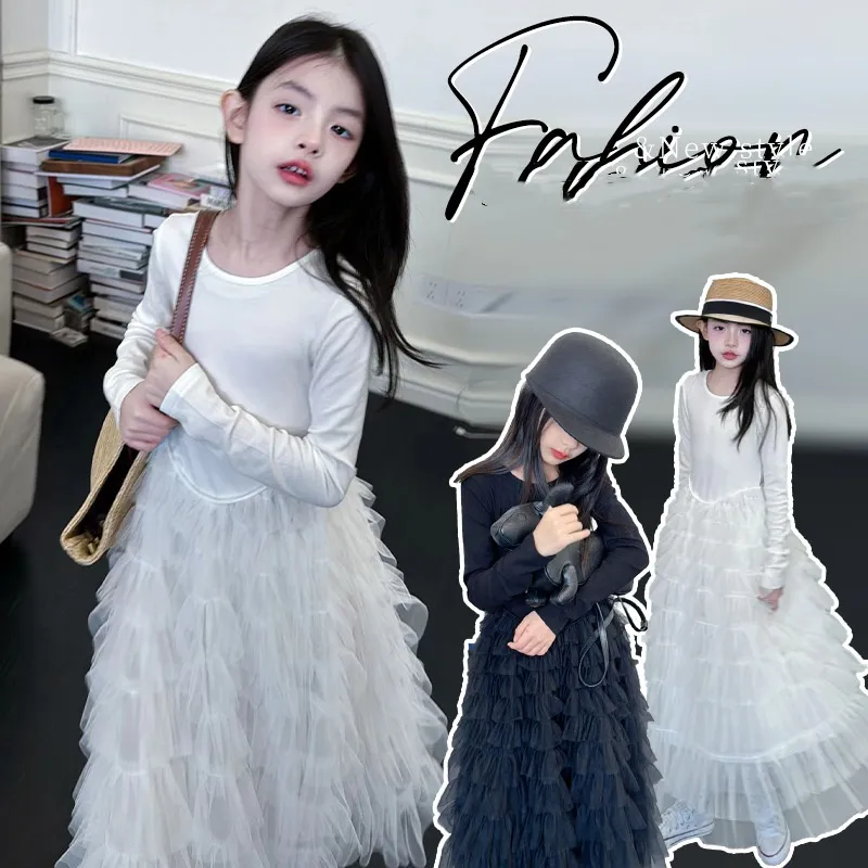 Big girls tiered gauze cake dresses old kids long sleeve splicing lace tulle long dress teenagers princess clothes Z7105