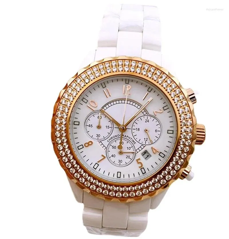 Wristwatches Luxury Mens Quartz Chronograph Watch Ceramic 2 Rows Diamond Black White Rose Gold Sport Fashion Watches Sapphire