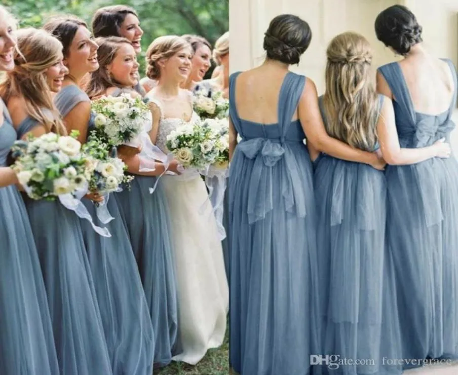 2019 Luz Azul Verão Boho Vestido de Dama de Honra Backless Country Garden Formal Festa de Casamento Convidado Dama de Honra Vestido Plus Size Custo6517617