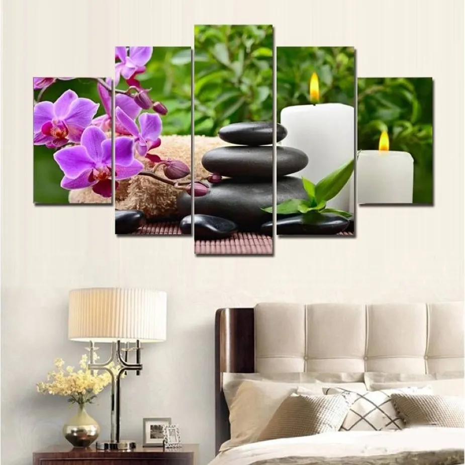 5 Pcs Spa Decor Flower Stone Candle Scenery Picture Printed Modern Canvas Wall Art Picture For Home Linving Decor No Frame243Q