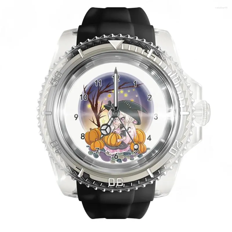 Armbanduhren Transparente Silikon-Schwarz-Uhr Halloween-Weiß-Kürbis-Uhren Herren- und Damenmode-Quarz-Armbanduhr