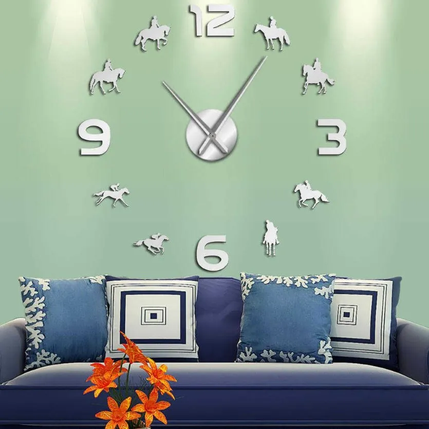 Courses de chevaux bricolage horloge murale géante chevaux de course équitation Silhouette mur Art décor sans cadre effet miroir montre murale cadeau pour Jockey X273O