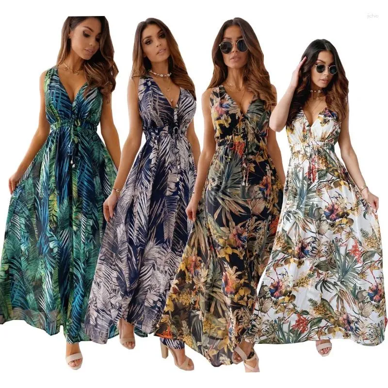 Casual Dresses 2024 Summer Dress Fashion V-Neck elegant tryckt ärmlös rygglöst remsemester lång maxi vestidos