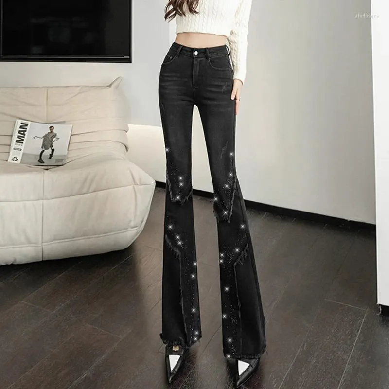 Women's Jeans Luxury Rhinestones Flare For Women 2024 Black Skinny Vintage Tassel Patchwork Boot-Cut Denim Trousers Mujer Fashion Pants