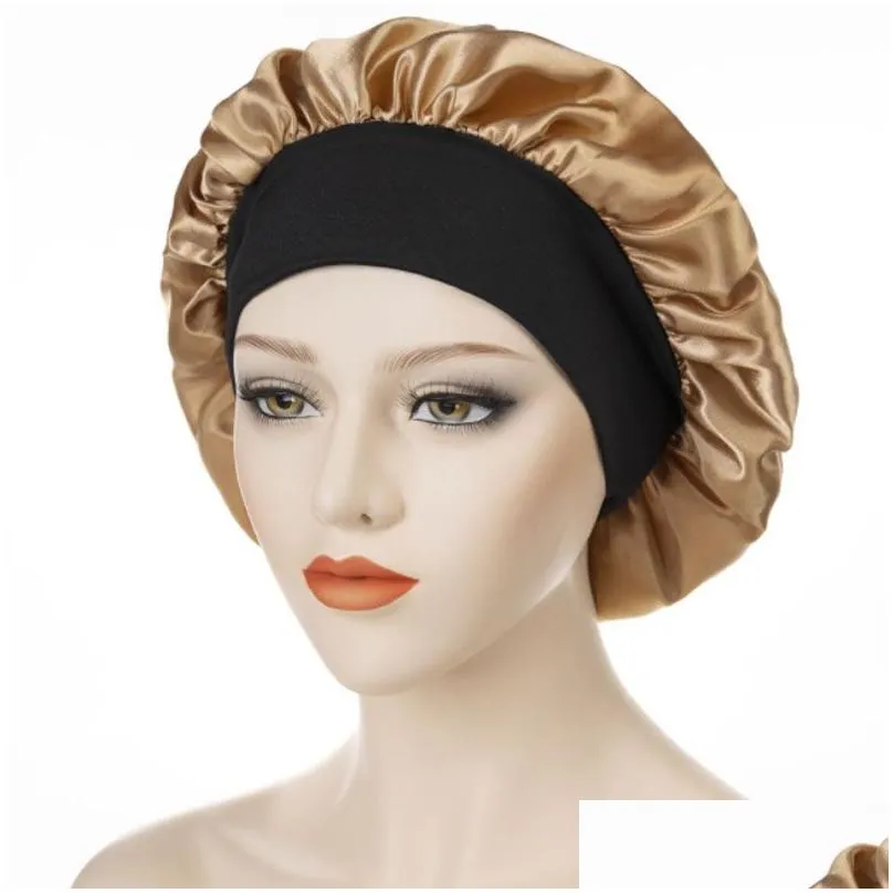 Bonnet / Crâne Caps Large Bande Satin Chapeau De Nuit Bonnet Pour Femmes Dame Solide Couleur Élastique Sommeil Caps Soins Des Cheveux Décor Accessoires De Mode D Dhkr1