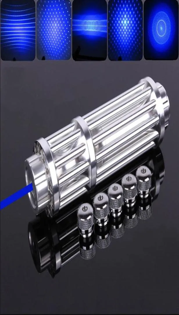 High Power Blue Laser Pointers Pen Focus Silver Pillars Match Paper Lazer5 Star Caps 1503948