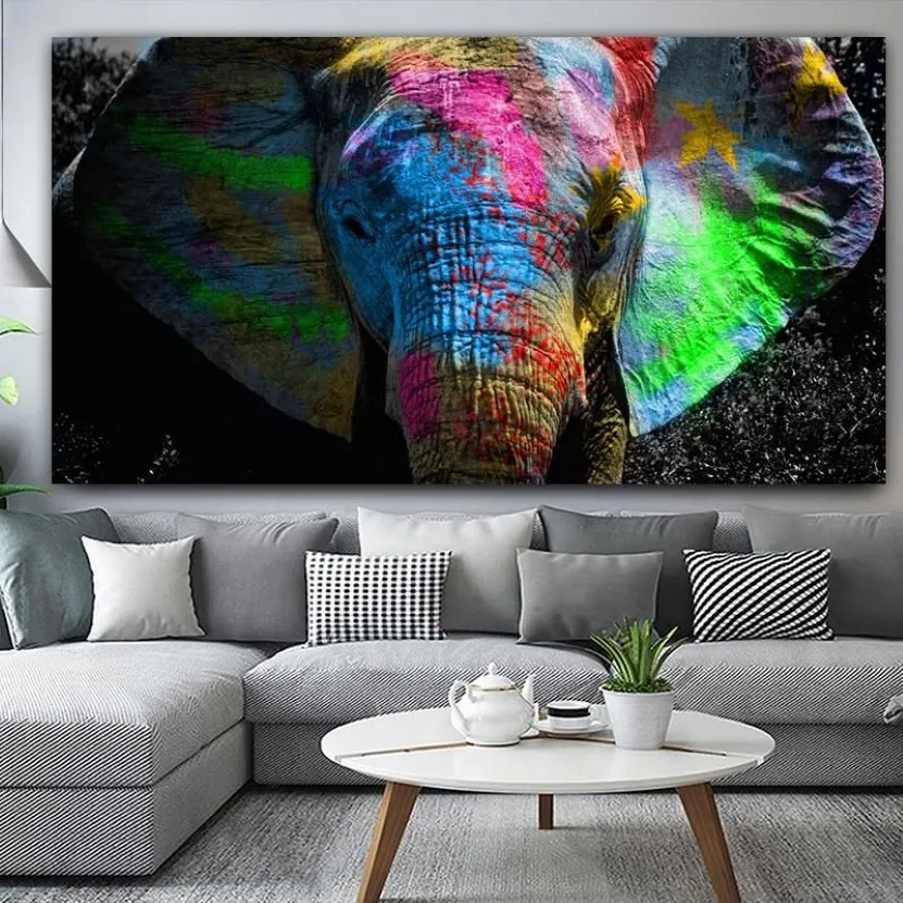 Pinturas Reliabli colorido elefante africano pintura de lona arte de parede óleo animal enorme tamanho imprime cartazes para sala de estar334q