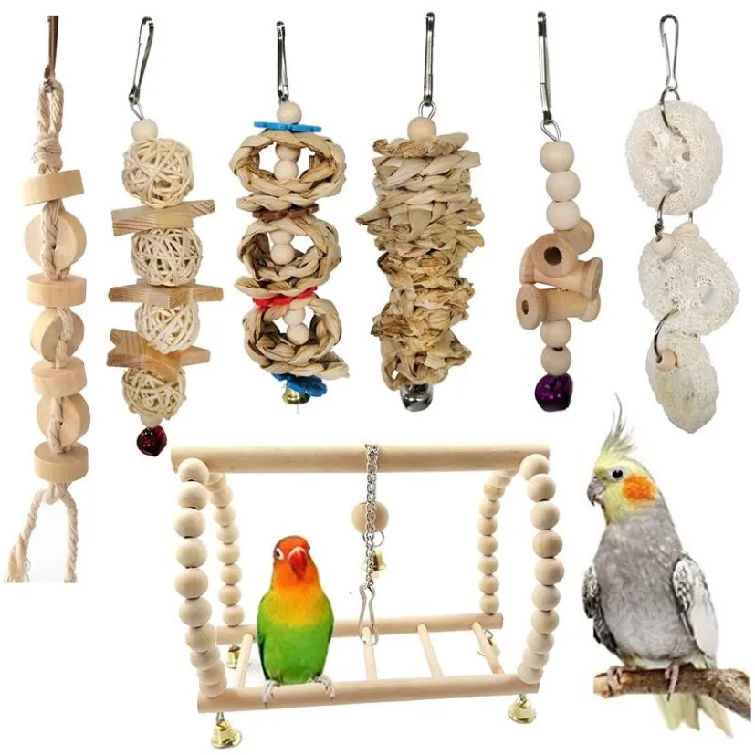 7st Lot Combination Parrot Toy Bird Articles Papegoja tugga Toy Bird Toys Funny Swing Ball Bell Standing Training Toys241m