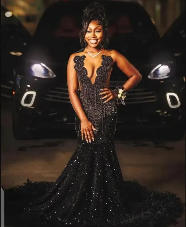 Obsidian Black Crystal Beading Tassels Mermaid Prom Dress For Black Girls Sheer Mesh Top Sequined Lace Feather Formal Party Gowns 0311