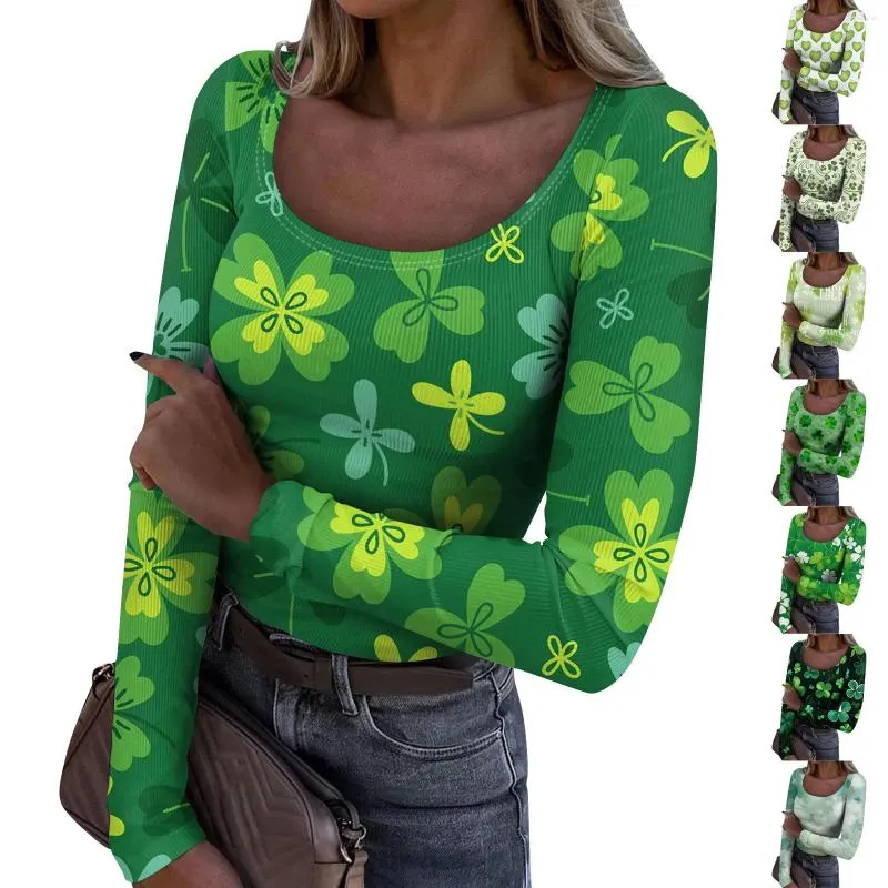 T-shirts voor dames Herfst en winter Slim Fit Basis T-shirt Modieus Casual St. Patrick's Day Print U-hals Lange mouw Poleras Mujer