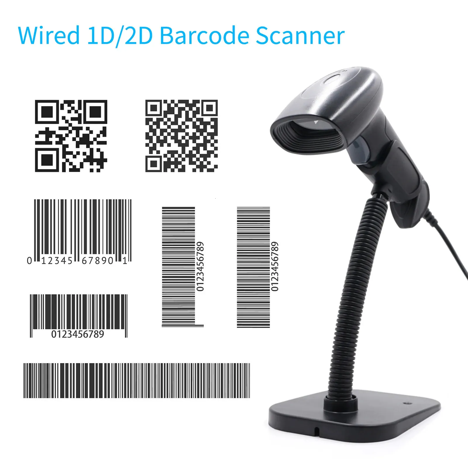 Scanner de codes à barres USB 1D 2D QR, lecteur de codes à barres filaire portable avec support, Compatible avec Windows XP7810, système Android Linux 240229