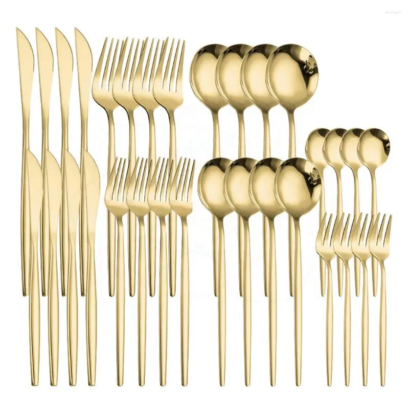 Conjuntos de louça de aço inoxidável dourado conjunto de talheres de cozinha ocidental 32 pcs facas garfos colheres de chá talheres eco amigável talheres