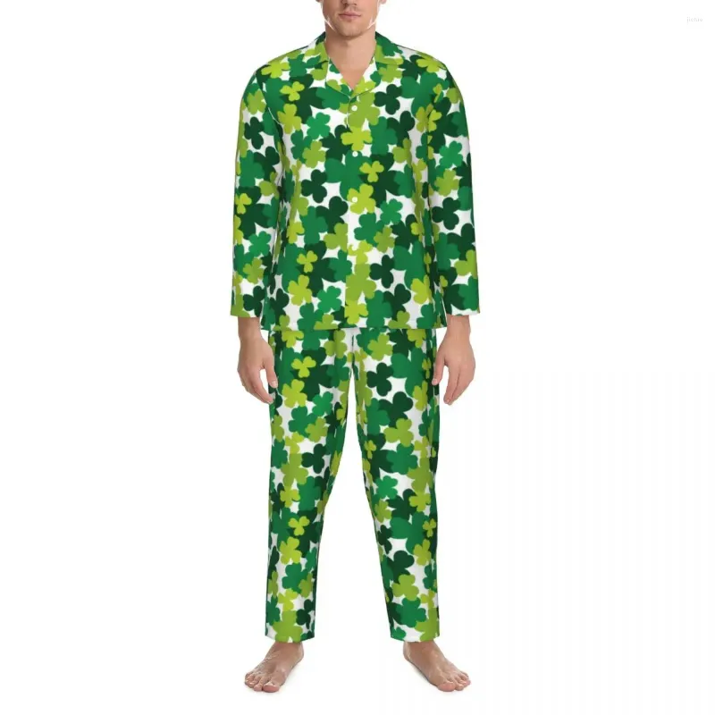 Men's Sleepwear Pajamas Man Shamrock Pattern Night St. Patrick's Day 2 Piece Casual Pajama Sets Long-Sleeve Warm Oversized Home Suit