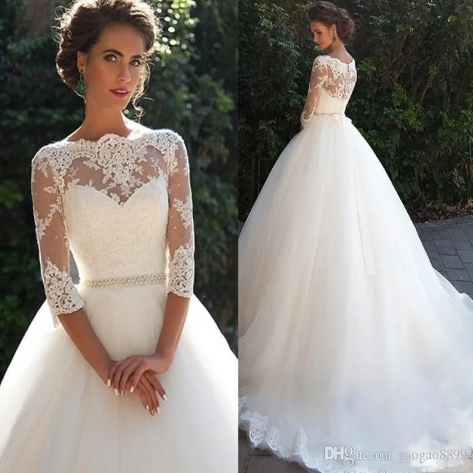 Vintage Lace A-Line wedding dresses sheer High Neck with half Long Sleeves Pearls sash Princess custom made Cheap Bridal Dresses P280G