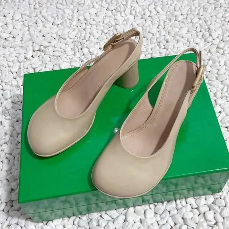 Sandálias Primavera Verão Redondo Salto Alto Slingback Senhoras Nude Preto Real Couro Moda Simples Estilo Festa Mulheres 2024