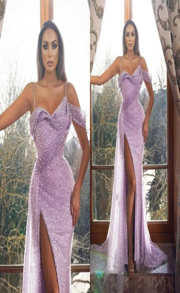 Shiney Purple -paljetter pärlor aftonklänningar sxy spaghetti remmar höga split långa vestidos prom party tillfälle klänningar arabiska lyx 7524322