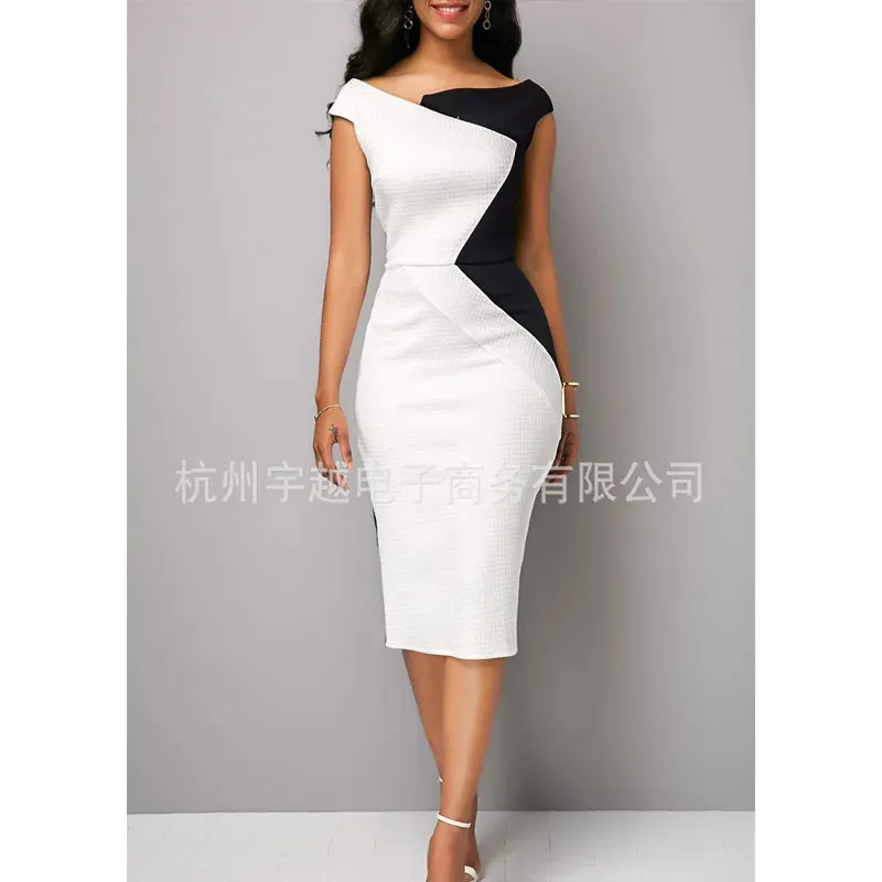 Office Lady Two Color Splice Summer Slash Neck Bare axel Färgkontrast SHEAT HIP WRAP Dresses Mid-Calf Elastic Midje240311